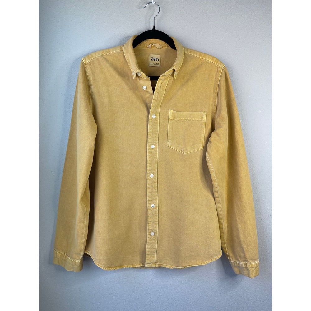 Zara Button Down Shirt Mustard Yellow Cotton Denim Twill Long Sleeve Medium